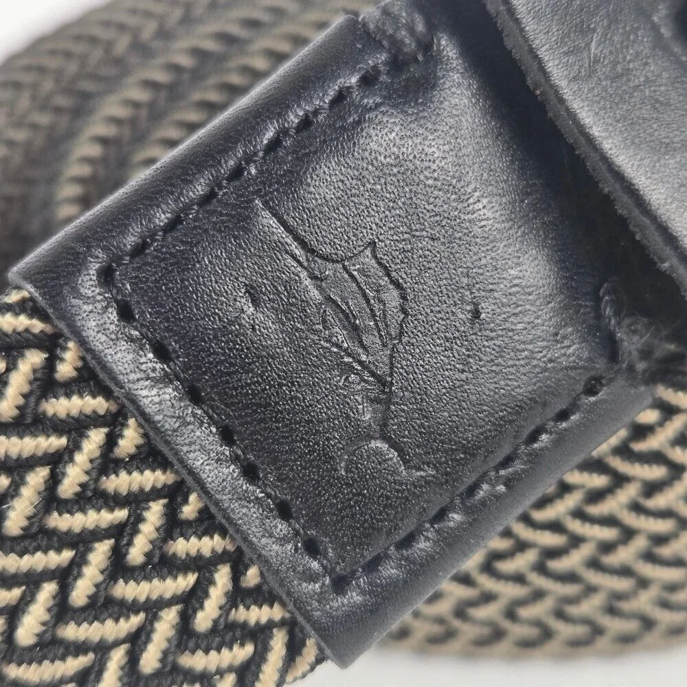 Tommy Bahama L/XL Braided Woven Belt Leather Tab Ends Brown Khaki Silver Buckle